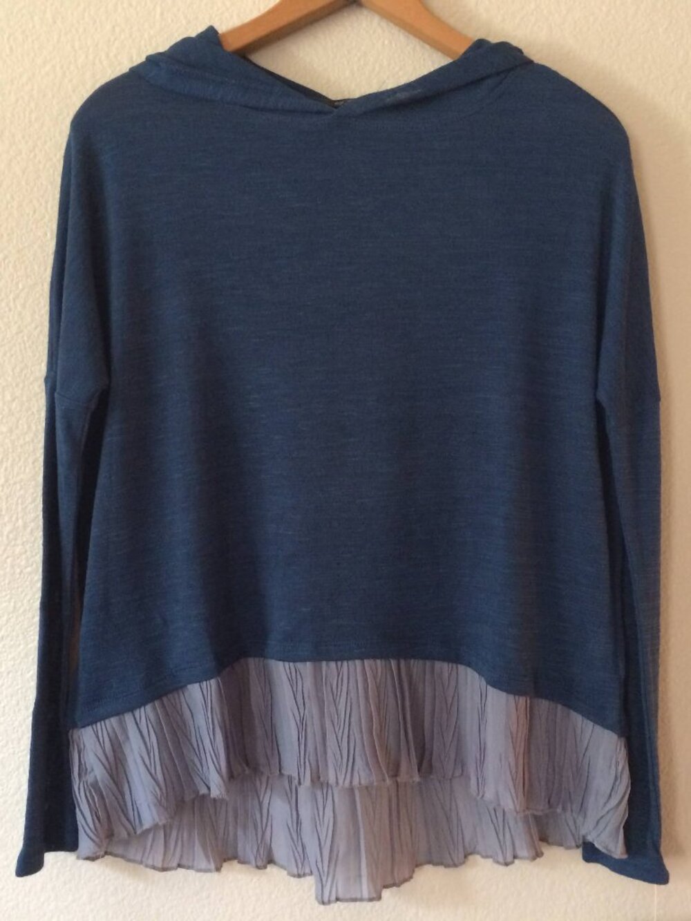 Teal Blue Green Hoodie Shirt S Gray Chiffon Trim Whimsigoth Blouse Boho